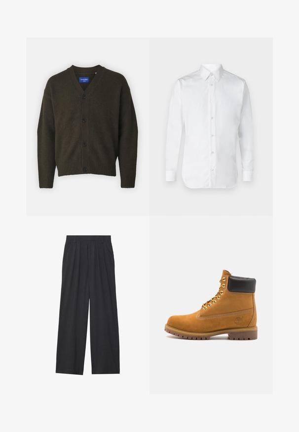 Jack & Jones JOROLLIE CARDIGAN - Cardigan - chocolate lab; White button-up shirt with long sleeves, made of smooth cotton fabric, featuring a classic collar and subtle sheen. Five buttons down the front.; Wide-leg trousers made of dark gray fabric. Features pleats at the waist, a tailored design, and a straight silhouette.; Tan suede ankle boot with black padded collar, gold metal eyelets, white stitching detailing, and rugged rubber sole with pronounced treads.