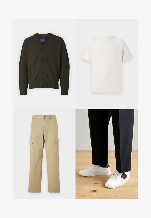 Jack & Jones JOROLLIE CARDIGAN - Cardigan - chocolate lab; White short-sleeve T-shirt in a ribbed texture. Round neckline, relaxed fit, no visible patterns or accents. Simple and versatile design.; Beige cargo pants made of cotton, featuring two side pockets, a button closure, and straight legs with a slightly textured fabric.; White sneakers with smooth texture, featuring brown leather accents and black detailing, paired with black tailored pants. Wooden floor background.