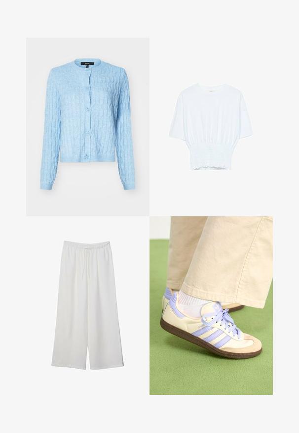 Cardigan lavorato a maglia azzurro chiaro con motivo a treccia, scollo rotondo e bottoni frontali con decorazioni floreali. Polsini e orlo a coste.; T-shirt bianco a maniche corte con una vestibilità rilassata e una texture smock in vita. Realizzato in tessuto morbido e leggero.; Pantaloni bianchi a gamba larga realizzati in tessuto leggero, dotati di una vita elastica e di un cordino per una vestibilità regolabile. Texture liscia.; Sneakers crema e lavanda con tre strisce e suola marrone texturizzata, dotati di lacci e tallone imbottito. Parte superiore in tessuto morbido.