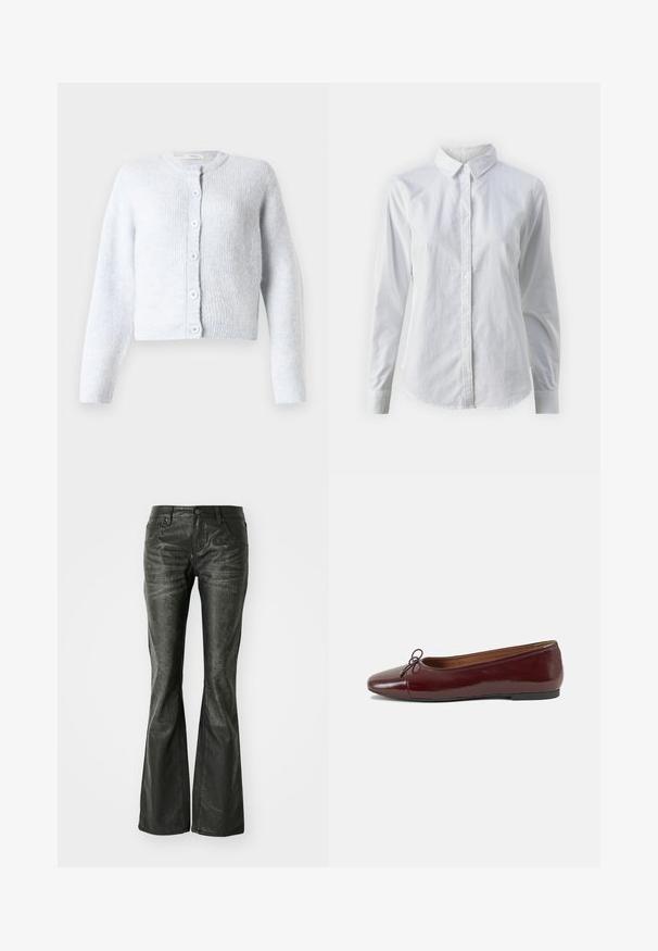 Light blue cardigan made from soft knit fabric, featuring long sleeves, a round neckline, and six button closures down the front.; White button-up shirt made of smooth cotton, featuring a classic collar, long sleeves, and a curved hem. Buttons are small and white.; Black faux leather flared jeans with front pockets, a metal button closure, and a slightly textured surface. Straight leg with a long cut.; Burgundy patent leather ballet flat with a rounded toe, small bow accent at the front, and a low, black rubber sole. Smooth texture.
