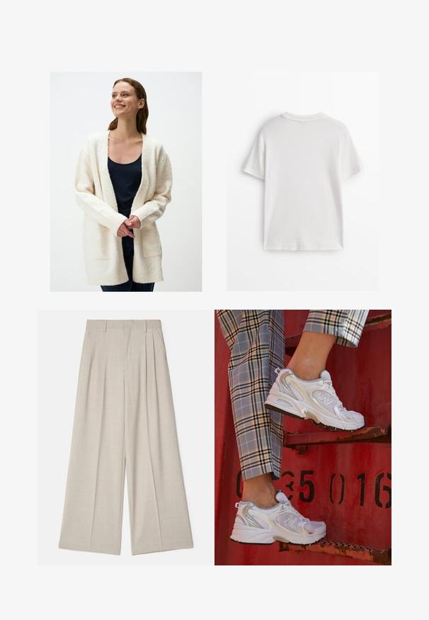 Weißer, kuscheliger Cardigan mit langen Ärmeln, offenem Frontschnitt und Rippbündchen. Getragen über einem dunklen Tanktop, das seitliche Taschen und eine weiche Textur hat.; Weißes Baumwoll-T-Shirt mit kurzen Ärmeln, rundem Ausschnitt und glatter Textur. Die Rückseite ist einfarbig ohne zusätzliche Muster oder Designs.; Beige weit geschnittene Hose mit glatter Textur, Frontfalten, flachem Bund und maßgeschneidertem Design für eine lockere Passform.; Weiße Mesh-Sneaker mit silbernen Akzenten und einer strukturierten Sohle, platziert auf einer roten Oberfläche, kombiniert mit karierter Hose.