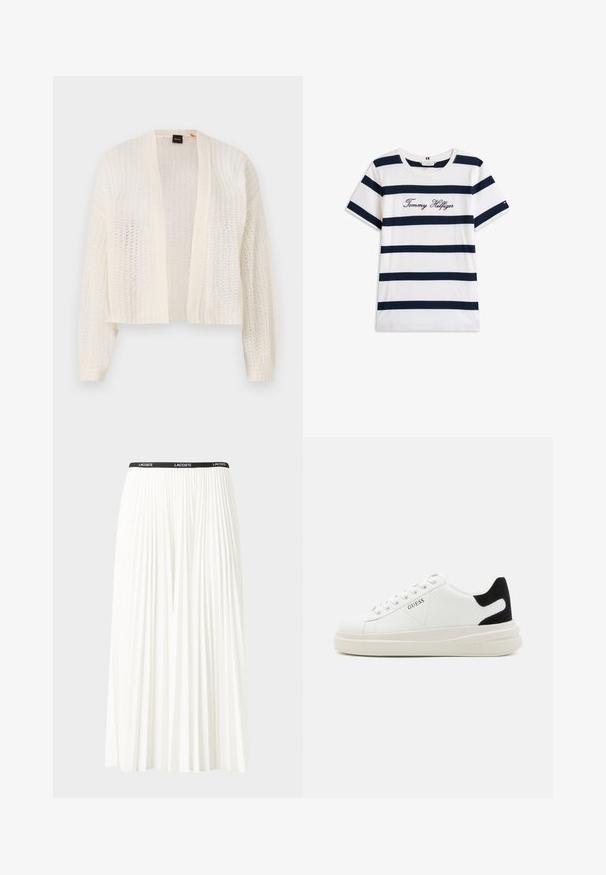 Luftige Strickjacke aus leichtem Material in Weiß, mit langen Ärmeln und einem gekürzten Saum. Keine Verschlüsse oder zusätzlichen Merkmale.; Baumwoll-T-Shirt mit horizontalen navy-blauen Streifen auf weißem Hintergrund. "Tommy Hilfiger" in Kursivschrift auf der Brust gestickt. Runder Halsausschnitt.; Faltenrock aus Weiß mit einem schwarzen elastischen Bund, der das "LACOSTE"-Logo trägt. Mittellanges Design mit weicher Textur.; Weiße Leder-Sneaker mit einer dicken weißen Sohle, schwarzem Wildlederakzent an der Ferse und geprägtem Logo an der Seite. Schnürdesign mit sechs Ösen.
