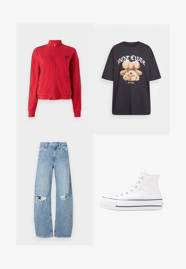 Rdeča jakna na zadrgo z visokim ovratnikom, z mornarsko modrimi stranskimi črtami in majhnim logotipom na prsih. Narejena iz mehkega, strukturiranega blaga.; Črna oversized majica s kratkimi rokavi, na kateri je grafika medveda z besedilom „NI SRČKAN VKLJUČNO Z DIVJIM“ v poudarjenem belem tisku. Material: bombaž.; Svijetloplave traperice visoki struk. Imaju široke nogavice, dva poderana područja na koljenima i klasičan petotoksi stil.; Beli visoki platneni športni čevelj z črnim gumijastim podplatom, sprednjim gumijastim zaščitnikom za prste in šestimi luknjicami za vezalke, ki se ponaša s preprostim, minimalističnim dizajnom.