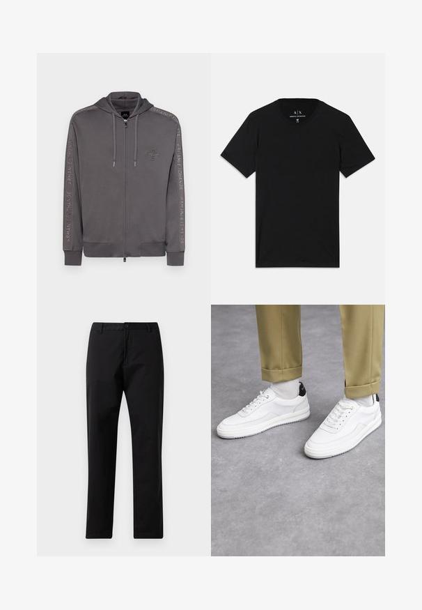 Grauer Zip-Hoodie aus weichem Material mit verstellbarem Kapuzenzug, seitlichen Taschen und geprägtem Logo entlang der Ärmel.; Schwarzes T-Shirt aus Baumwolle mit kurzen Ärmeln, Rundhalsausschnitt und einem Etikett mit dem Markenlogo am inneren Kragen.; Schwarze Gerade Hosen mit Knopf- und Reißverschluss, Gürtelschlaufen und vorderen Taschen, auf weißem Hintergrund präsentiert.; Weiße Sneakers mit einer strukturierten Lederoberfläche, abgerundeter Zehenpartie und schwarzem Fersenakzent. Gummisohle mit kleinem Profilmuster und genähten Details.