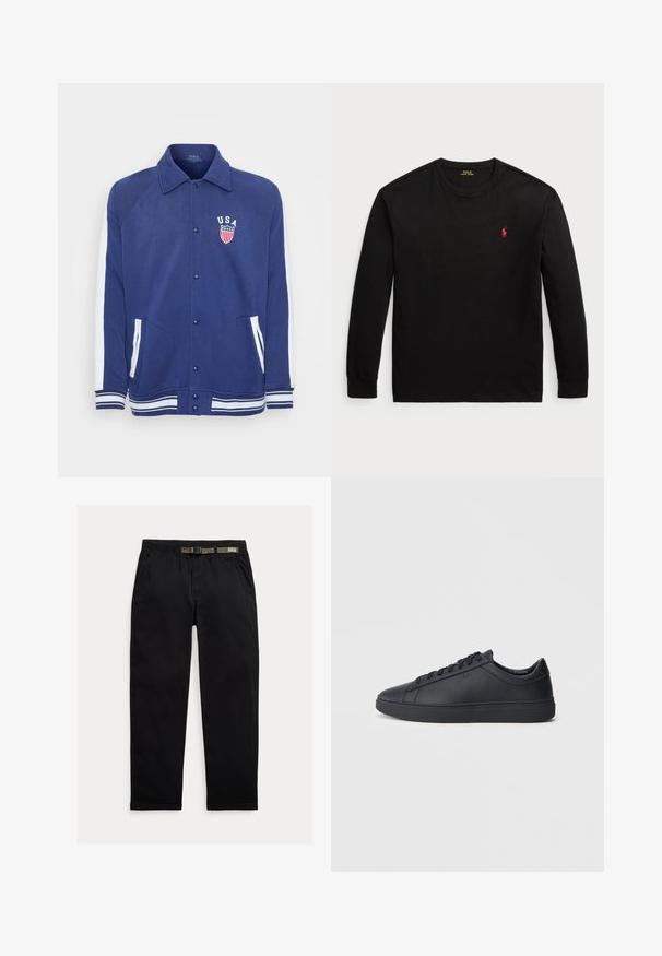 Mornar blue jakna s bijelim detaljima, zatvaranje na dugmad i bočne džepove. Sadrži oznaku "USA" s zvijezdama i prugama, rebrasti rukavi i donji dio.; Crna majica dugih rukava od pamuka. Ima okrugli izrez, rebraste manšete i mali crveni izvezeni logo na prsima. Glatka tekstura.; Crne hlače izrađene od laganog materijala, s elastičnim pojasom i integriranim zelenim remenom, ravnog kroja i bočnim džepovima.; Crne tenisice od glatke kože s niskim dizajnom, okruglim vrhom i ravnim gumenim đonom. Imaju vezice i suptilno brendiranje.
