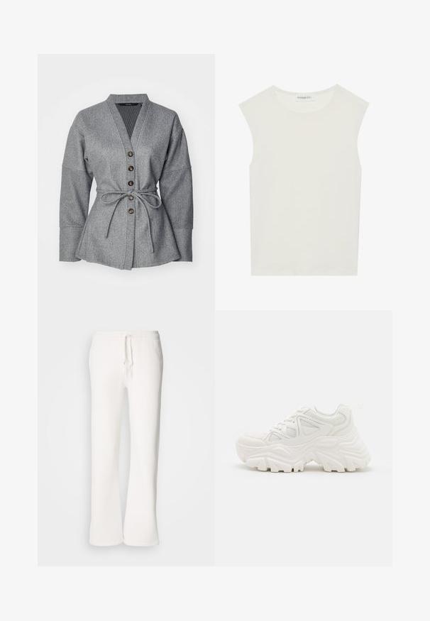 Hallide hallka, millel on V-kaelus, pikad varrukad, nööriga vöö ja kuus pruuni nuppu. Pehme tekstuuriga kangas, millel on struktureeritud siluett.; Valge ilma varrukateta topp ümmarguse kaelusega. Valmistatud siledast kangast, sellel on mugav lõige ja minimalistlik disain. Ei ole mustreid ega aksessuaare.; Valged, mugavad spordipüksid, mis on valmistatud pehmest kangast, elastse talje ja nööridega, sirgete jalgadega disainiga.; Valged jämedad sneakers, millel on tekstureeritud ülemine osa, võrgusilma paneelid ja paksud kummist tallad, millel on silmapaistev mustrimuster. Paelad ja tõmbeosa on kaasa arvatud.