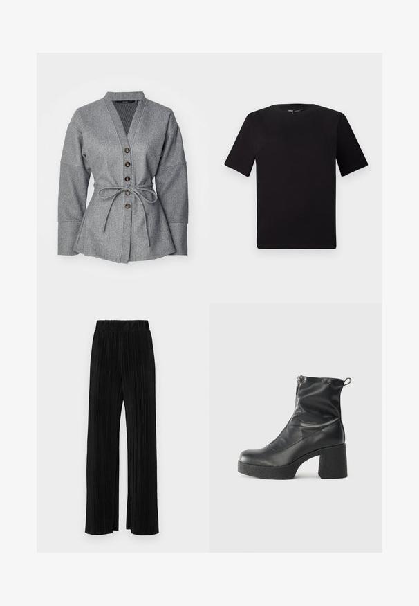 Pilkas švarkas su V formos iškirpte, ilgomis rankovėmis, juostele juosmeniui ir šešiais rudais mygtukais. Minkštas tekstūruotas audinys su struktūrizuota siluetu.; Juodas trumpas rankovės marškinėlis su apvaliu iškirpimu, pagamintas iš minkštos medvilnės medžiagos. Paprastas dizainas, be matomų logotipų ar raštų.; Juodi plisuoti kelnės su elastine juosta. Turėkite plačias kojas ir glotnų, tekstūrinį audinį su vertikaliais dryžiais.; Juodos kulkšninių botai, pagaminti iš lygaus odos, su šoniniu užtrauktuku, masyviu tekstūruotu kulnu ir apvaliu pirštu.