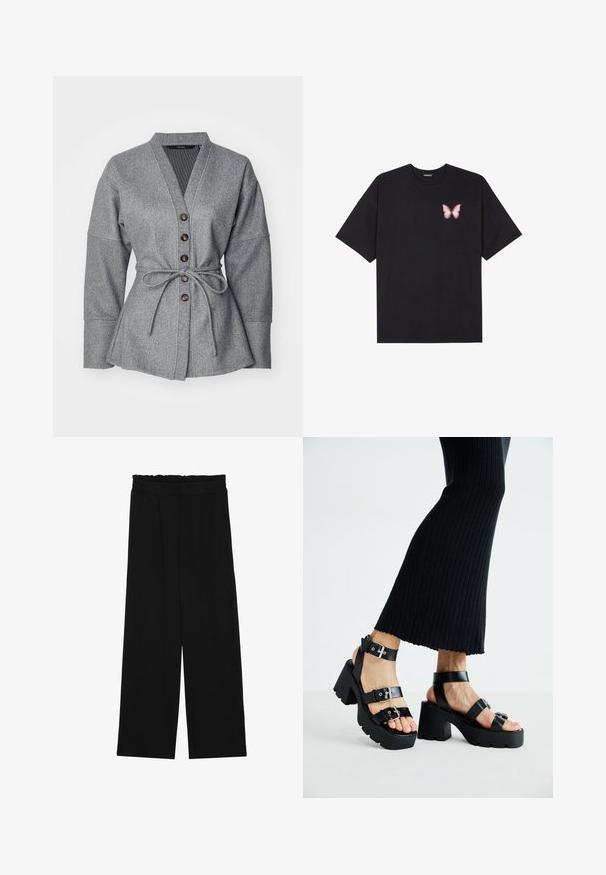 Hallide hallka, millel on V-kaelus, pikad varrukad, nööriga vöö ja kuus pruuni nuppu. Pehme tekstuuriga kangas, millel on struktureeritud siluett.; Must muströöpidega must puuvillane T-särk, vasakul rinnal on väike roosa liblikas. Ümar kaelus ja vabalt istuv lõige.; Mustad laiad püksid rüüstatud vöökohtadega, millel on kaks küljetaskut ja ühetaoline, kerge kangas. Ilma nähtavate mustrite või seadmeteeta.; Mustad platvormsandlid paksude, hammastega talladega ja mitme rihmaga, millel on metallist pandlad ja sile nahkjas tekstuur.