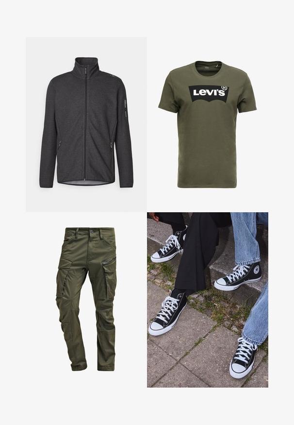 Giacca in fleece grigio scuro con colletto alto, zip frontale completa e tasche con zip. Ha un tessuto testurizzato e un design aderente.; T-shirt di cotone verde oliva con un grande logo nero di Levi's sul davanti. Collo girocollo classico e maniche corte, consistenza liscia.; Pantaloni cargo verde oliva realizzati in cotone robusto. Presentano numerose tasche, una tasca laterale con zip e gambe affusolate con una finitura leggermente strutturata.; Sneakers alti neri in tela con suole e lacci bianchi, dotati di un logo circolare di lato e abbinati a pantaloni in denim e neri.