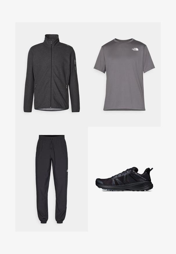Giacca in fleece grigio scuro con colletto alto, zip frontale completa e tasche con zip. Ha un tessuto testurizzato e un design aderente.; Maglietta atletica grigia a maniche corte realizzata in tessuto leggero e morbido. Presenta un logo bianco sulla parte sinistra del petto. Design con collo rotondo.; Pantaloni sportivi neri realizzati in tessuto leggero, con vita regolabile con cordino, tasche laterali e orli affusolati alle caviglie.; Scarpa da trail running nera con tomaia in mesh e sintetico, suola testurizzata, punta rinforzata e logo prominente sul lato.