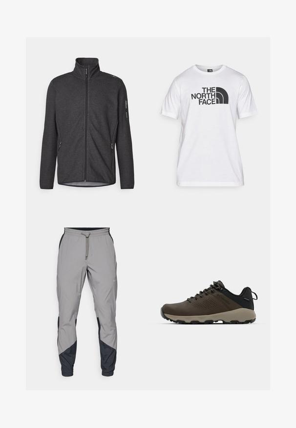 Tmavě šedá fleecová bunda s vysokým límcem, plným předním zipem a kapsami na zip. Má texturovanou látku a štíhlý střih.; Bílý bavlněný tričko s černým grafickým potiskem, na kterém je text a zakřivený design loga. Kulatý výstřih a krátké rukávy. Hladká textura.; Lehké šedé sportovní kalhoty s černými detaily. Elastický pas, stahovací šňůrka, tapered nohavice a boční kapsy.; Hnědé nepromokavé sneakers s texturovaným svrškem, perforovanými detaily, černým oporou paty a šedou gumovou podrážkou. Šňůrky mají kovové konce.