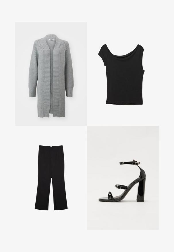 ONLY ONLLEISE FREYA OPEN CARDIGAN - Vesta na kopčanje - medium grey melange; Crna majica kratkih rukava od glatkog materijala; ima drapirani izrez i asimetrični donji rub, uz prilagođeni kroj tijela.; Crne hlače ravnog kroja, s prednjim džepovima i bočnim prorezima na rubu. Izrađene od mekog i glatkog materijala. Pogodne za razne prigode.; Crne lakirane sandale na pete sa kvadratnim nosom, trakama oko gležnja i srebrnim kopčama. Imaju čvrst blok petu za stabilnost.