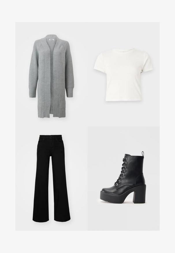 ONLY ONLLEISE FREYA OPEN CARDIGAN - Cardigan - medium grey melange; Short white t-shirt made of cotton with short sleeves, a round neckline, and a straight hem, featuring a smooth texture and minimal design.; Black wide-leg pants made of denim, featuring a structured waistband, belt loops, and front pockets. Smooth texture with a classic design.; Black leather ankle boot with a chunky block heel, lace-up front, and textured surface. Features a tab on the back for easy wear.