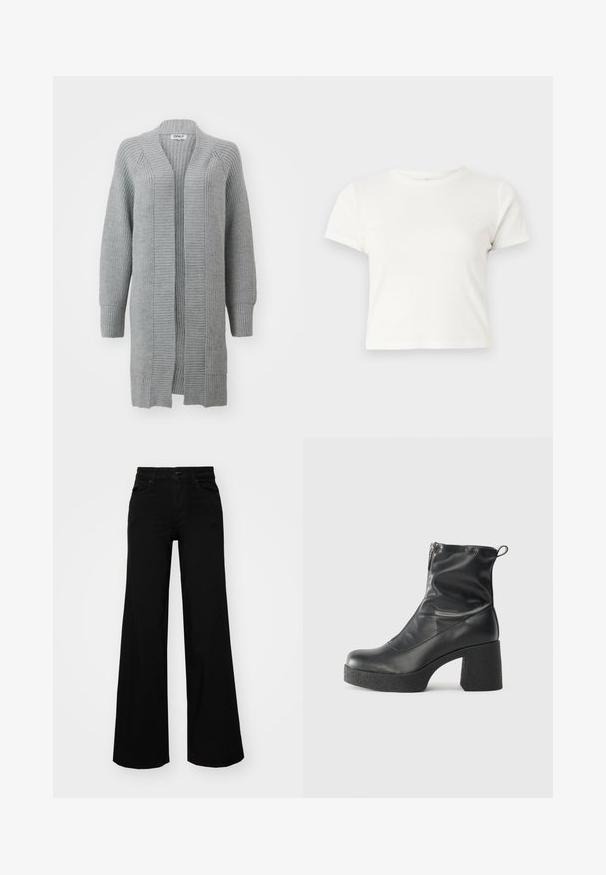 ONLY ONLLEISE FREYA OPEN CARDIGAN - Kardigán - medium grey melange; Rövid, fehér, pamut póló, rövid ujjakkal, kerek kivágással és egyenes szegéllyel, sima textúrával és letisztult dizájnnal.; Fekete, bő szárú farmernadrág, amelynek állítható derékrésze van, övhurkokkal és elülső zsebekkel. Simaság jellemzi, klasszikus dizájnnal.; Fekete bokacsizmák sima bőrből, oldalsó cipzárral, vastag, texturált sarkú és lekerekített orrú dizájnnal.