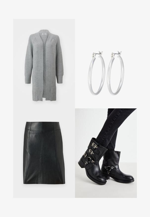 ONLY ONLLEISE FREYA OPEN CARDIGAN - Cardigan - medium grey melange; Black long-sleeve bodysuit with a high neck, featuring solid fabric on the torso and sheer mesh sleeves, designed in a fitted shape.; Black leather skirt with a fitted design. Smooth texture, seams outlining shape, and a straight hem. Minimalistic and sleek appearance.; Black leather ankle boots with three buckle accents, rounded toe, and a low block heel. The design features smooth and textured panels.; Silver hoop earrings with a smooth, polished finish. Round shape and secure click-top closure. Lightweight design suitable for everyday wear.