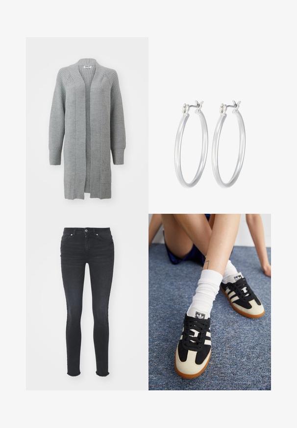 ONLY ONLLEISE FREYA OPEN CARDIGAN - Kardigán - medium grey melange; Čierny dlhý rukáv body s vysokým golierom, s pevným látkovým trupom a priehľadnými sieťovinovými rukávmi, navrhnuté v priliehavom strihu.; Čierne džíny Skinny s stredne vysokým pásom, piatimi vreckami a roztrhnutým okrajom. Tkanina má hladkú textúru s miernym elastickým efektom.; Čierno-biele športové topánky so zvrškom z semišu a kože, s tromi bielymi prúžkami a gumenou podrážkou. Pár je kombinovaný s bielymi ponožkami.; Strieborné kruhové náušnice s hladkým, lesklým povrchom. Kolový tvar a bezpečné klikanie na uzatváranie. Ľahký dizajn vhodný na každodenné nosenie.