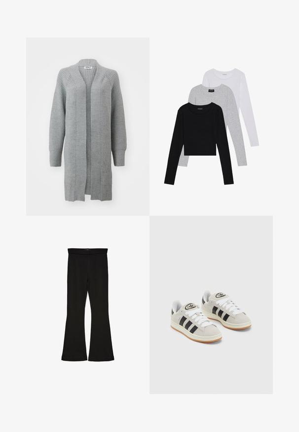 ONLY ONLLEISE FREYA OPEN CARDIGAN - Kardigan - medium grey melange; Kolm pikkade varrukatega toppi, mis on üksteise peale asetatud: must, hall ja valge. Igal ühel on ümar kaelus ja lühike disain, valmistatud siledast, kergekaalulisest kangast.; Mustad mustad sääred, mis on valmistatud venivast kangast. Omab laia vööd ja siledat tekstuuri, sobituv siluett, mis laieneb allservas.; Hallid hallid nahkrennid valgete paeltega, mustade triipudega ja valge kummitaldiga. Omab ümmargust logo keeles ja kummitalda.