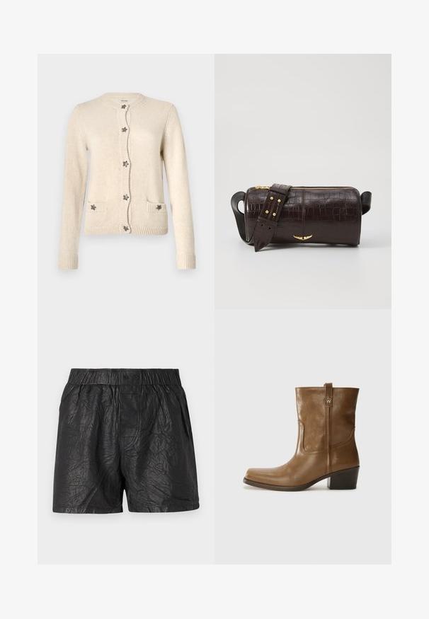 Cardigan beige en tricot doux. Doté d'un col rond, d'une fermeture bouton avec des accents en forme d'étoile et de deux poches avant. Manches à poignets côtelés.; Débardeur en crème clair avec bretelles spaghetti ajustables, design en V avec des accents en dentelle au niveau du col et de l'ourlet pour un détail supplémentaire.; Shorts noirs en matériau froissé, dotés d'une taille élastique avec deux boutons, d'une coupe au genou et d'une texture lisse.; Bottine en cuir marron avec un orteil carré, une finition texturée et un petit talon empilé. Présente une languette à l'arrière et des détails de couture subtils.; Sac en cuir embossé crocodile marron avec une forme cylindrique, quincaillerie dorée et une bandoulière détachable ornée de clous.
