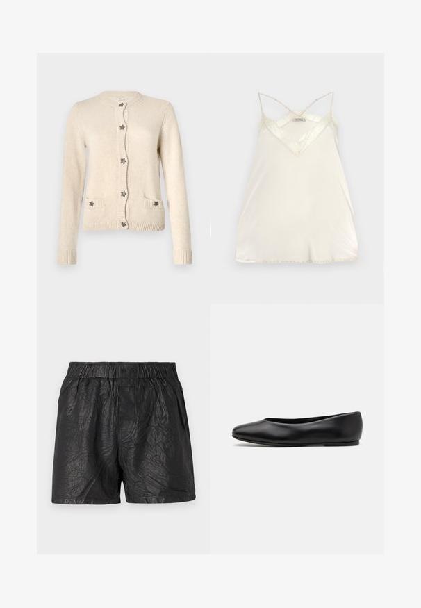 Beige cardigan made of soft knit material. Features a round neckline, button front with star accents, and two front pockets. Ribbed cuffs.; Light cream camisole with adjustable spaghetti straps, V-neck design, and lace accents at the neckline and hem for added detail.; Black shorts made from crinkled material, featuring an elastic waistband with two buttons, knee-length cut, and smooth texture.; Paul Smith TOPANGA - Ballet pumps - black