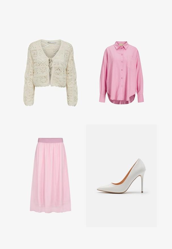 Gebreide cropped cardigan in crème, met een V-hals, striksluiting en ingewikkelde kantpatronen met een gestructureerde afwerking en golvende randen.; Lichtroze overhemd met knopen, een kraag, lange mouwen, een enkel borstzakje en een licht gebogen zoom. De stof lijkt zacht te zijn.; Roze tule rok met een zachte, doorschijnende design. Heeft een elastische tailleband en een vloeiende silhouet, wat een gelaagd effect creëert.; Witte gepolijste leren hoge hakpump met een spitse neus en slanke stilettohak, met een gladde textuur en een beige interieur.