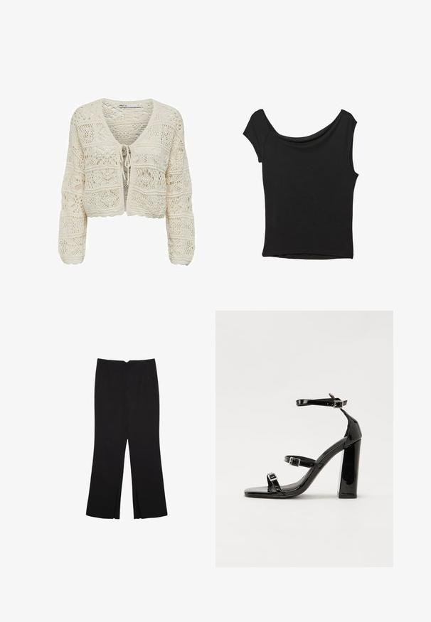 Knit cropped cardigan in cream, featuring a V-neck, tie closure, and intricate lace patterns with a textured finish and scalloped edges.; Black short-sleeve top made of smooth fabric; features a draped neckline and an asymmetrical hemline, with a fitted body.; Black trousers with a straight fit, featuring front pockets and side slits at the hem. Made of soft, smooth fabric. Suitable for various occasions.; Black patent heeled sandals with a square toe, ankle straps, and silver buckles. Features a chunky block heel for stability.