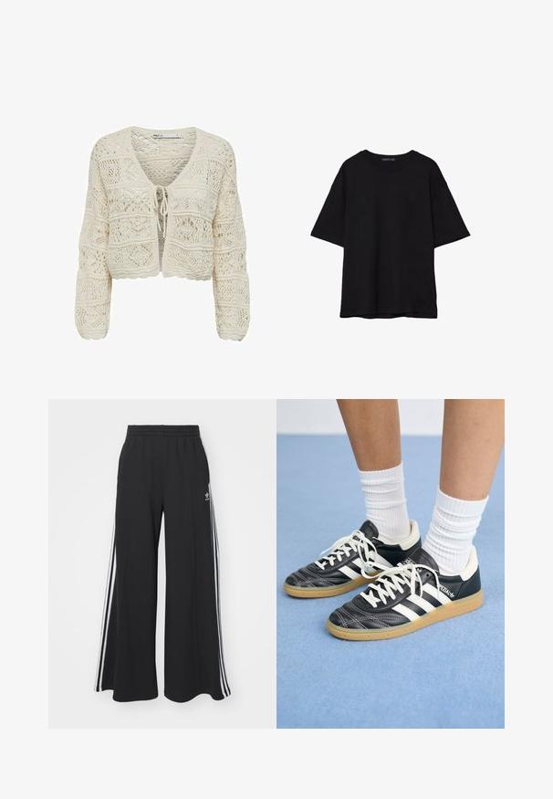 Cardigan court en tricot crème, avec un col en V, une fermeture par lien et des motifs en dentelle élaborés, avec une finition texturée et des bords festonnés.; T-shirt noir en coton avec une coupe décontractée, des manches courtes, un col arrondi et une texture lisse. Pas de motifs ni d'accents visibles.; Pantalons de survêtement larges noirs avec une taille élastique, présentant des rayures blanches sur les côtés et un logo brodé sur la cuisse gauche.; Sneakers en cuir noir avec des rayures blanches, bout rond, lacets blancs et semelle en caoutchouc beige. Accentué par un col rembourré et des détails de marque.