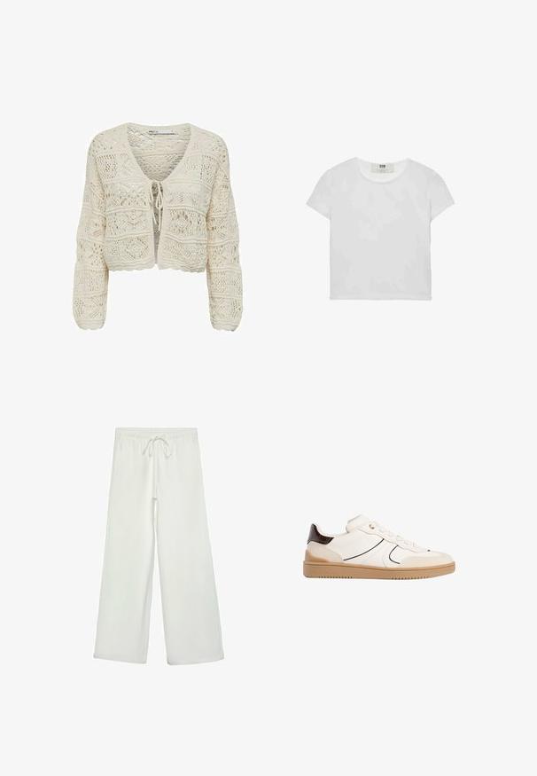 Gestrickte, kurz geschnittene Strickjacke in Creme mit V-Ausschnitt, Bindeband und filigranen Spitzenmustern, die eine strukturierte Oberfläche und gewellte Kanten aufweist.; Weißes T-Shirt mit kurzen Ärmeln und Rundhalsausschnitt, aus weicher Baumwolle gefertigt, mit einem schlichten, sauberen Design ohne sichtbare Muster oder Akzente.; Weiße, weit geschnittene Hose aus weichem Stoff. Mit einem elastischen Bund und einem Kordelzug sowie einer glatten Oberfläche. Keine sichtbaren Muster oder Hardware.; Stradivarius Sneaker low - white