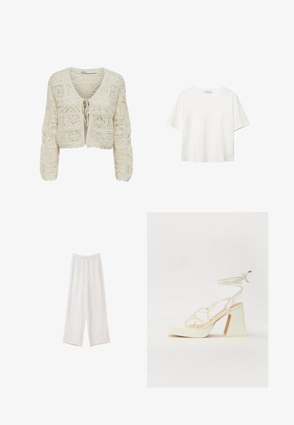 Knit cropped cardigan in cream, featuring a V-neck, tie closure, and intricate lace patterns with a textured finish and scalloped edges.; White short-sleeve t-shirt made of cotton. Features a crew neckline and a relaxed fit. Smooth texture with no visible patterns or accents.; White wide-leg trousers made from a lightweight fabric. Features an elastic waistband with a drawstring and side pockets. Smooth texture.; White high-heeled sandal with a chunky heel, featuring a strappy design and ankle tie. Smooth texture with a platform front for added height.