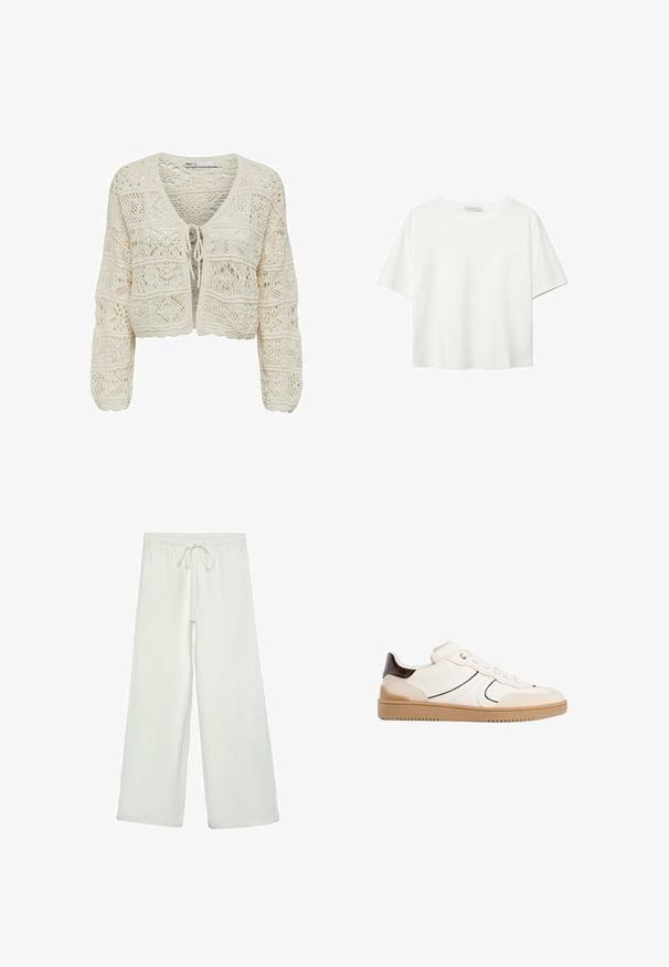 Strikket cropped cardigan i creme, med V-hals, båndlukning og intrikate blondermønstre med en tekstureret finish og bølgede kanter.; Hvid kortærmet t-shirt lavet af bomuld. Har en rund halsudskæring og en afslappet pasform. Glat tekstur uden synlige mønstre eller detaljer.; Hvide bukser med bred ejer lavet af blødt stof. Har en elastisk talje med snor og en glat tekstur. Ingen synlige mønstre eller hardware.; Stradivarius Sneakers - white