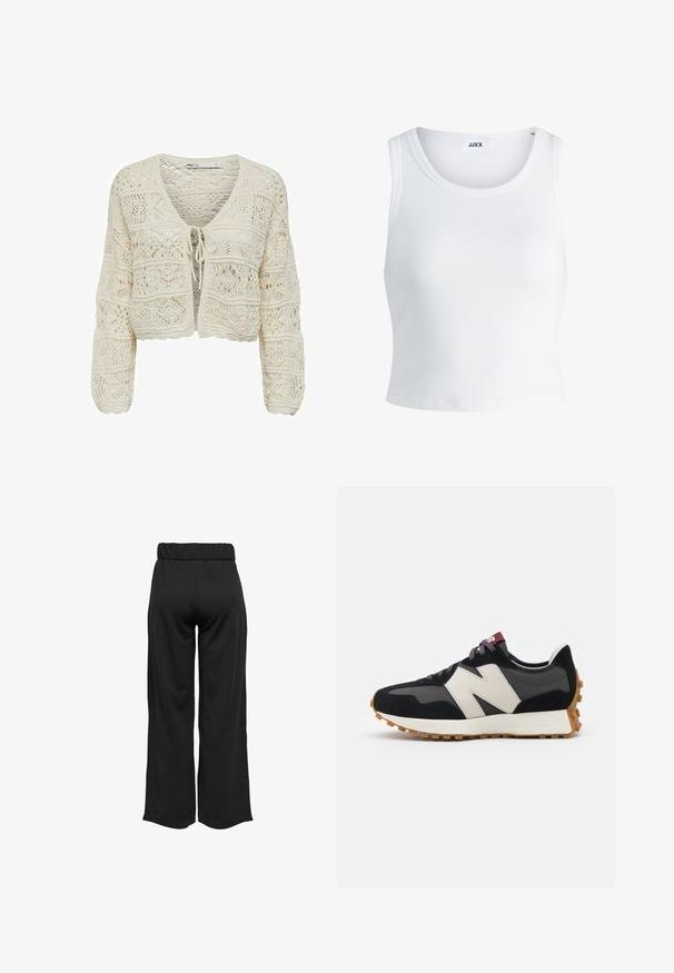 Cardigan court en tricot crème, avec un col en V, une fermeture par lien et des motifs en dentelle élaborés, avec une finition texturée et des bords festonnés.; Débardeur blanc côtelé avec un col rond, sans manches et d'une longueur cropped. L'étiquette indique "JJXX". Texture du tissu lisse.; Pantalons noirs à jambes larges avec une taille élastique, fabriqués à partir d'un tissu lisse. Présente un design épuré sans poches ni détails de couture visibles.; Baskets en suede noir et gris avec un grand logo "N" couleur crème, lacets violets et semelle extérieure en caoutchouc gomme texturé.