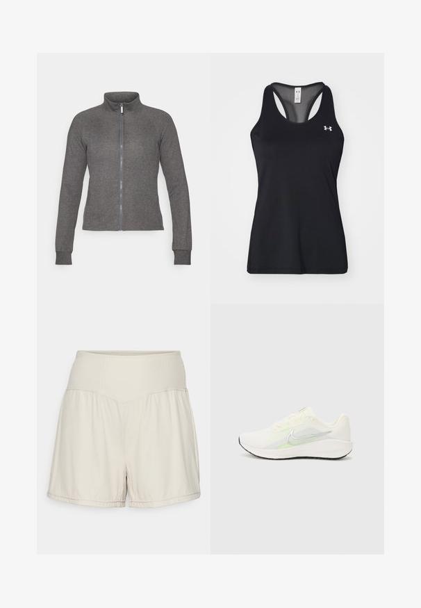 Gray zip-up jacket made of textured fabric with a high collar, long sleeves, and a slim fit. Features logo on the left chest.; Black athletic tank top with a textured fabric, racerback design, and subtle logo detail on the chest. Lightweight and breathable material.; Light beige shorts with a textured ribbed waistband, flowing design, and casual fit. Features stitched hems and side slits for flexibility.; Nike Performance DOWNSHIFTER 13 - Road running shoes - sail/silver-coloured photon dust/summit white/barely volt/black