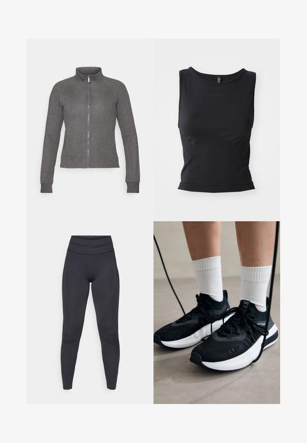 Chaqueta gris con cremallera, hecha de un tejido texturado, con cuello alto, mangas largas y un corte ajustado. Presenta un logo en el lado izquierdo del pecho.; Camiseta sin mangas negra deportiva, fabricada con tejido suave, que presenta un escote redondeado y una silueta ajustada con un sutil detalle de logo.; Leggings negros con una cinturilla elástica alta que presenta el texto "UNDER ARMOUR". Textura suave con detalles de patrón sutil a lo largo de las piernas.; Zapatillas deportivas negras con tela texturizada, suela blanca y cordones negros. Llevadas con calcetines blancos de canalé, de pie sobre una superficie clara.