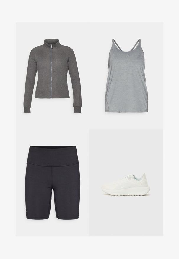 Siva jakna na zatvarač od teksturiranog materijala s visokim ovratnikom, dugim rukavima i uskim krojem. Sadrži logo s lijeve strane prsnog dijela.; Sivi sportski majica bez rukava od mekog, teksturiranog materijala, sa dvostrukim trakama i malim Nike logotipom na prsima.; Crne atletske kratke hlače izrađene od rastezljivog materijala, s visokim pojasom i detaljima od ravnog šava. Dizajnirane za udobnost i pokretljivost.; Bijele atletske tenisice s teksturiranim gornjim dijelom, podstavljenim okovratnikom i vezanjem. Imaju zakrivenu potplat i suptilno brendiranje sa strane.