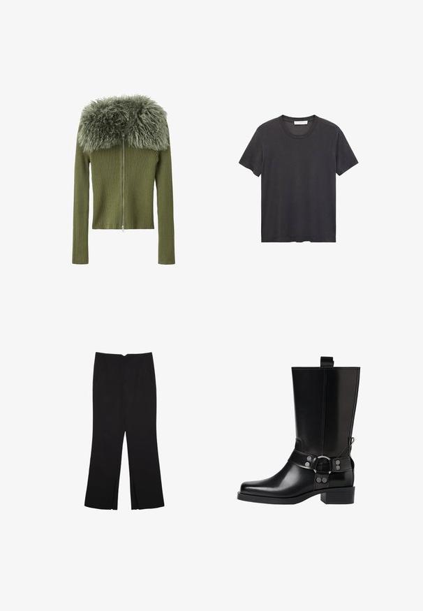 Zielona oliwkowa kurtka dzianinowa z prążkowaną fakturą, długimi rękawami, zapięciem na zamek błyskawiczny oraz puszystym kołnierzem przypominającym futro. Teksturowany materiał kontrastuje z gładkimi akcentami.; Czarna koszulka bawełniana z okrągłym dekoltem. Krótkie rękawy, luźny krój i prosty dół bez ozdób czy wzorów.; Czarne spodnie o prostym kroju, z przednimi kieszeniami i bocznymi rozcięciami na dole. Wykonane z miękkiego, gładkiego materiału. Odpowiednie na różne okazje.; Czarne skórzane buty za kolano z wydłużonym noskiem, srebrnymi akcentami w postaci klamr oraz masywnym obcasem. Posiadają pętelkę umożliwiającą łatwe zakładanie.