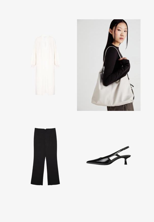 Bijela kardigan izrađena od teksturiranog pletenog materijala, s dubokim V-izrezom, prevelikim balon rukavima i ravnim siluetom.; Crni top bez rukava od pamuka, s okruglim izrezom i širokim izrezima za ruke. Glatka tekstura s ušivenim rubovima. Klasičan, minimalistički dizajn.; Crne hlače ravnog kroja, s prednjim džepovima i bočnim prorezima na rubu. Izrađene od mekog i glatkog materijala. Pogodne za razne prigode.; Crne lakirane natikače na remenčić sa špicastim nosom, dizajnom sa izrezima sa strane i malim kvadratnim potplatom. Glatka tekstura s minimalnim akcentima.; Bežna torba od mekog materijala s opuštenim dizajnom, šivanim detaljima i dva remena za rame. Pogodna za svakodnevnu upotrebu.