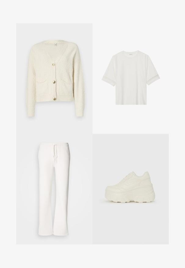 Cream-colored cardigan featuring a V-neck, three gold buttons, and two front pockets. Textured fabric with ribbed cuffs and hem.; White short-sleeve t-shirt made from cotton, featuring decorative lace trim along the sleeves and a round neckline.; White, relaxed-fit sweatpants made of soft fabric, featuring an elastic waistband with a drawstring and straight-leg design.; White platform sneakers featuring a smooth leather-like upper, rounded shape, padded collar, and textured rubber sole with defined treads.
