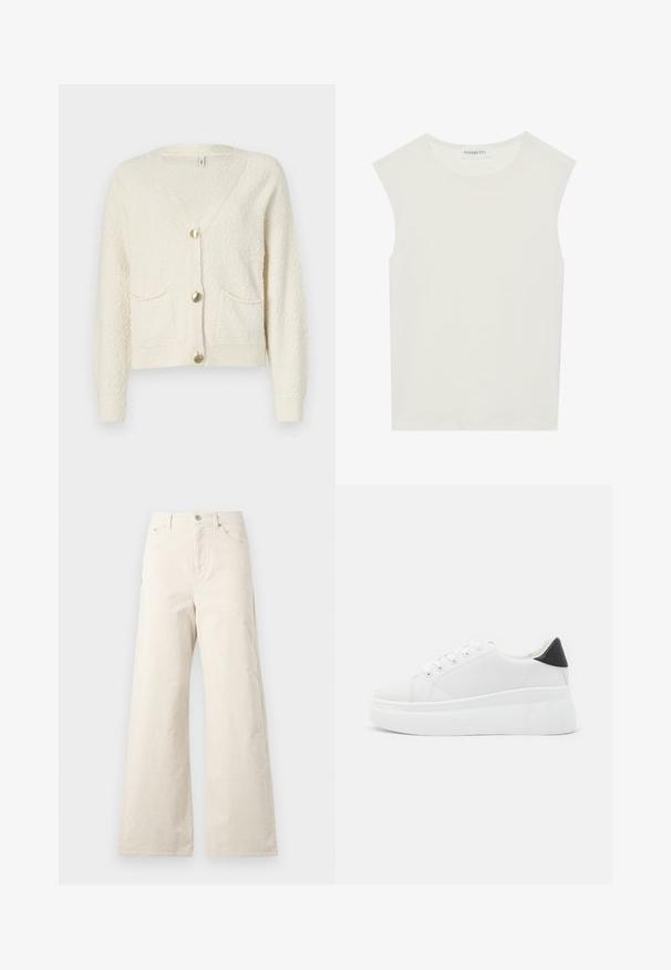 Kremkrāsas džemperis ar V-veida kaklu, trīs zeltītām pogām un divām priekšējām kabatām. Struktūrēta auduma ar ribinātiem piedurknēm un apakšmalu.; Balts bez piedurknēm tops ar apaļu kakla izgriezumu. Izgatavots no gludas auduma, tam ir brīvs piegriezums un minimālistisks dizains. Nav nekādas rakstainības vai akcentu.; Beige platās kājas bikses, izgatavotas no kokvilnas, ar priekšējo pogu aizdari, sānu kabatām un gludu tekstūru. Minimālistisks dizains bez rakstiem.; Baltas platforma kedas, izgatavotas no gludas sintētiskas vielas, ar noapaļotu purngalu, saites dizainu un teksturētu gumijas zoli. Melna papēža akcenta detaļa.