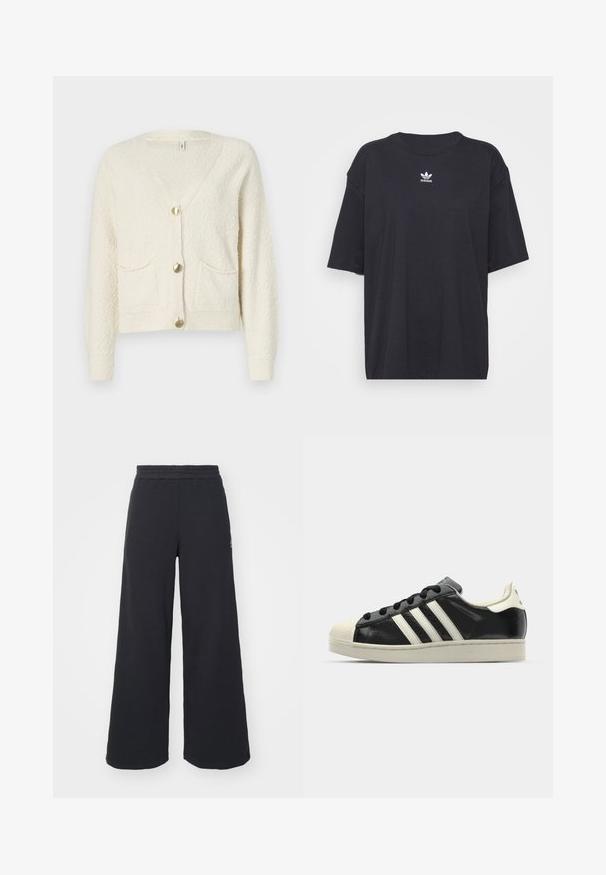 Krémový sveter s V-výstrihom, troma zlatými gombíkmi a dvomi prednými vreckami. Textúrovaná látka s rebrovanými manžetami a lemom.; Čierne bavlnené tričko s krátkymi rukávmi, okrúhlym výstrihom, na hrudi s bielym logom Adidas. Jednoduchý dizajn, voľný strih.; Čierne širšie tepláky vyrobené z mäkkej látky, s elastickým pásom a malým logom na ľavej strane.; Čierne kožené tenisky s bielymi pruhmi, gumenou špičkou, čiernymi šnúrkami a krémovobielou podrážkou. Hladký povrch s lesklým finišom.