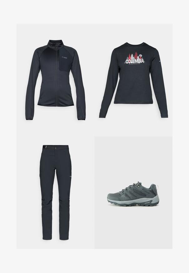 Juodas sportinis švarkas su užtrauktuku priekyje, aukštu apykakle, tekstūruotu audiniu ir krūtine kišenė. Savybės: elastingi rankogaliai ir šoninės kišenės su užtrauktukais.; Ilga rankovė tamsiai pilka marškinėliai su raudonų medžių ir kalnų grafika; drąsaus baltos spalvos teksto "COLUMBIA" logotipas. Minkšta medžiaga, standartinis apvalus kaklas.; Vyrų lauko kelnės, tamsiai pilkos, pagamintos iš elastingos medžiagos, su diržu, užtrauktukais užtraukiamomis kišenėmis ir sustiprinta siūle.; Tamsiai pilki žygio batai su tinklinėmis ir zomšinėmis viršutinėmis dalimis, su raišteliais, paminkštintu padu ir tvirtu padu su įpjovų raštu.
