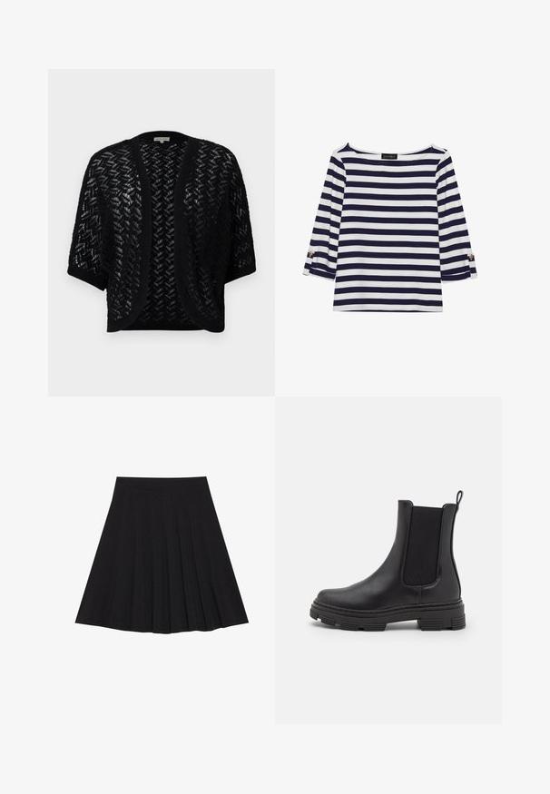 Μαύρο ανοιχτό πλεκτό κα cardigan με υφή σε ζιγκ-ζαγκ, κοντά μανίκια και ριμπ λαιμό. Ελαφρύ και με σχεδίαση που προσφέρεται για στρώσεις.; Μακρυμάνικο μπλουζάκι σε ναυτικό μπλε και λευκές ρίγες με νεανικό λαιμό και χρυσές κουμπίτσες στους διπλωμένους μανίκους. Απαλή υφή, χαλαρή εφαρμογή.; Μαύρη πλισέ φούστα από υφασμάτινη υφή με εφαρμοστό λαιμό. Φτάνει μέχρι το γόνατο, προσφέροντας μια ομαλή και καθαρή σιλουέτα.; Μαύρο δερμάτινο μποτάκι αστραγάλου με ελαστικές πλευρικές πάνελ, στρογγυλή μύτη και υφή ρεπούμπλικας. Διαθέτει θηλιά στο πίσω μέρος για εύκολη εφαρμογή.