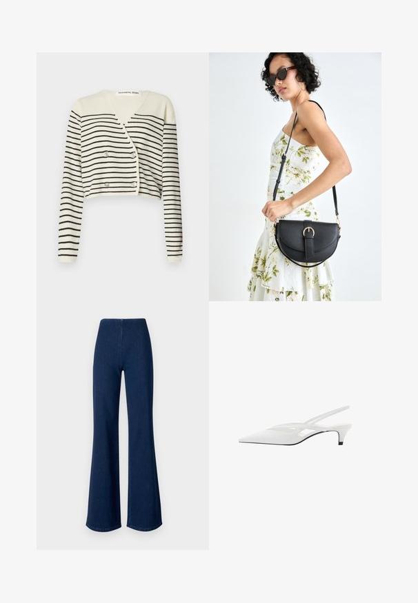 Gekürzter Cardigan in Creme mit schwarzen horizontalen Streifen. Entworfen mit einem V-Ausschnitt, langen Ärmeln und einer doppelten Knopfverschluss für Details.; Asymmetrisches schwarzes Oberteil aus weichem Stoff mit Rüschen an der Seite und einem einzigen Träger. Glatte Textur mit drapierten Designelementen.; Dunkelblaue, aus Denim gefertigte Schlagjeans mit elastischem Bund. Sie zeichnen sich durch eine glatte Textur und ein weites Beindesign bis zum Saum aus.; Weißer Slingback-Absatzschuh mit spitzer Zehenpartie, featuring ein glattes Obermaterial, subtile Ausschnitte und einen niedrigen Blockabsatz. Die schwarze Sohle betont das Design.; Schwarze Lederhandtasche mit geschwungener Form, abnehmbarem Tragegurt und goldenen Beschlägen. Die Tasche verfügt über einen Deckel mit einer Schnallen-Details.