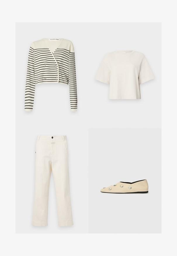 Afkortet cardigan i creme med sorte vandrette striber. Designet med V-hals, lange ærmer og dobbelte knapper som detalje.; Karamelfarvet cropped t-shirt lavet af ribbet stof, med rund halsudskæring og korte ærmer i en afslappet pasform.; Beige bomuldsbukser med lige ben-design, der har en frontknaplukning og en lomme med en cirkulær knapdetalje.; CLOSED Ballerinasko - ecru