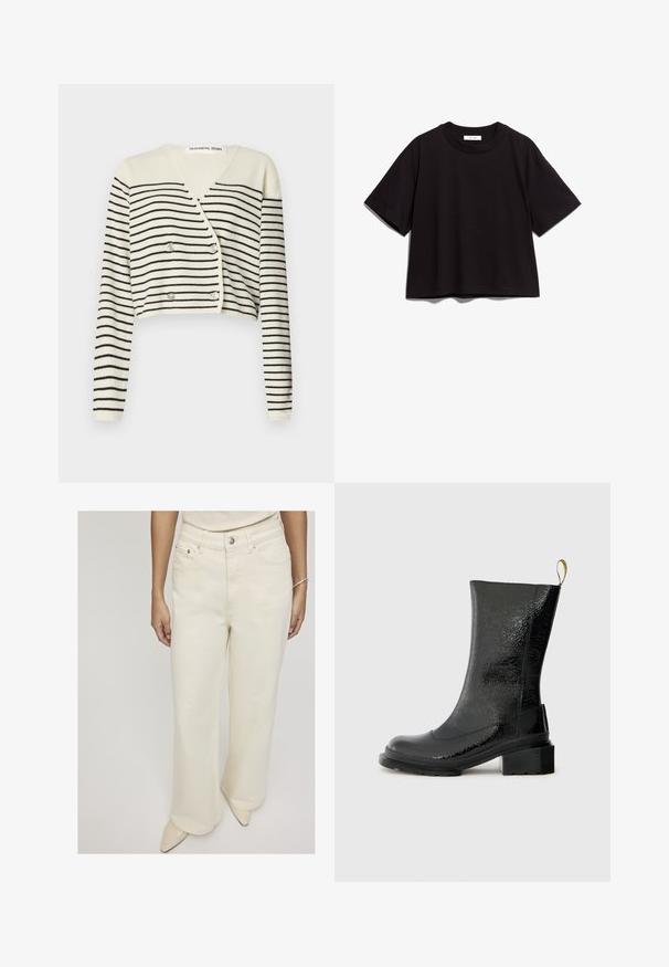 Izrezan kardigan v kremni barvi, s črnimi horizontalnimi črtami. Zasnovan z V-izrezom, dolgimi rokavi in dvojnim gumbom kot detajlom.; Črna bombažna kratka majica s krožnim izrezom in kratkimi rokavi. Ima sproščen kroj in preprost, neokrnjen dizajn.; Kremne široke kavbojke iz denima, z visokim pasom, sprednjimi žepi in zapiranjem na en gumb za sproščen kroj.; Črne gležnjarje iz sijočega, strukturiranega materiala. Imajo debelo peto in zanka na hrbtni strani za lažje obuvanje.