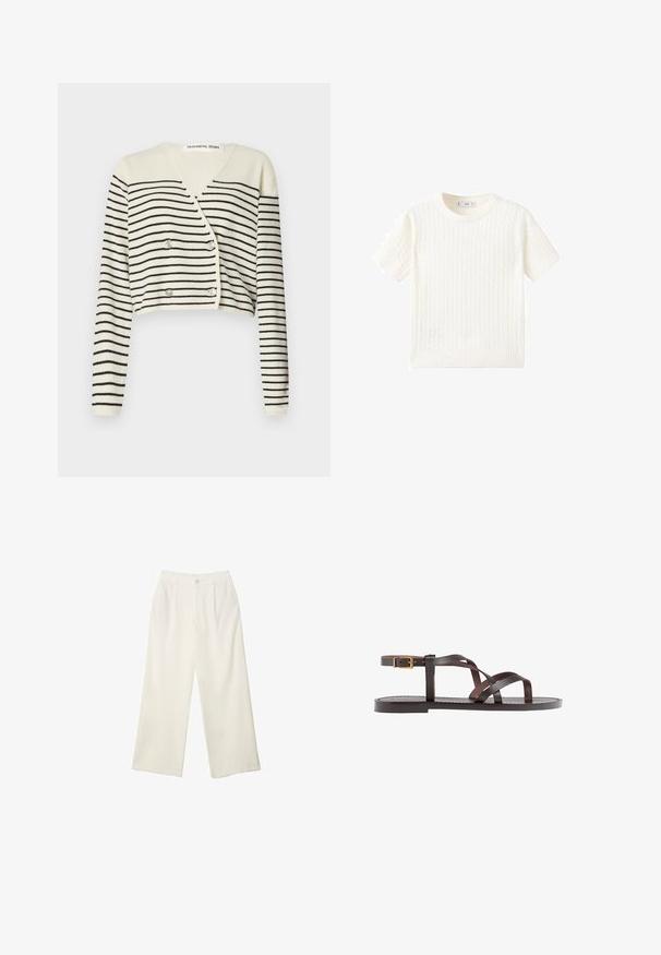 Geknipte cardigan in crème, met zwarte horizontale strepen. Ontworpen met een V-hals, lange mouwen en een dubbele knoopsluiting voor detail.; Witte korte mouwen trui met een kabelbreipatroon, ronde halslijn en geribbelde onderkant. Zachte textuur, casual pasvorm en een strakke uitstraling.; Brede broekspijpen in crème stof met een gladde textuur, voorzien van een enkele frontknop, subtiele plooien en een hoge taille.; Bruine leren sandaal met kruisingen van banden, een enkelgesp-sluiting en een platte zool met minimale stikdetails.