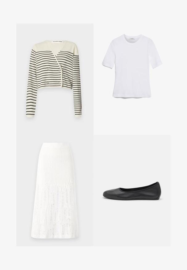 Przycięty kardigan w kremowym kolorze z czarnymi poziomymi paskami. Zaprojektowany z dekoltem w serek, długimi rękawami i podwójnym zapięciem na guzik dla dodatkowego efektu.; Biała koszulka krótki rękaw wykonana z materiału prążkowanego. Okrągły dekolt, regularny krój i subtelne detale szwów. Bez wzorów ani grafik.; Dzianinowa biała spódnica midi z fakturowanym wzorem w pionowe linie oraz wycięciami przy dolnej krawędzi. Elastyczny pas. Miękki materiał.; Czarne skórzane baletki z zaokrąglonym noskiem, gładką fakturą, minimalnymi przeszyciami i elastycznym designem podeszwy.