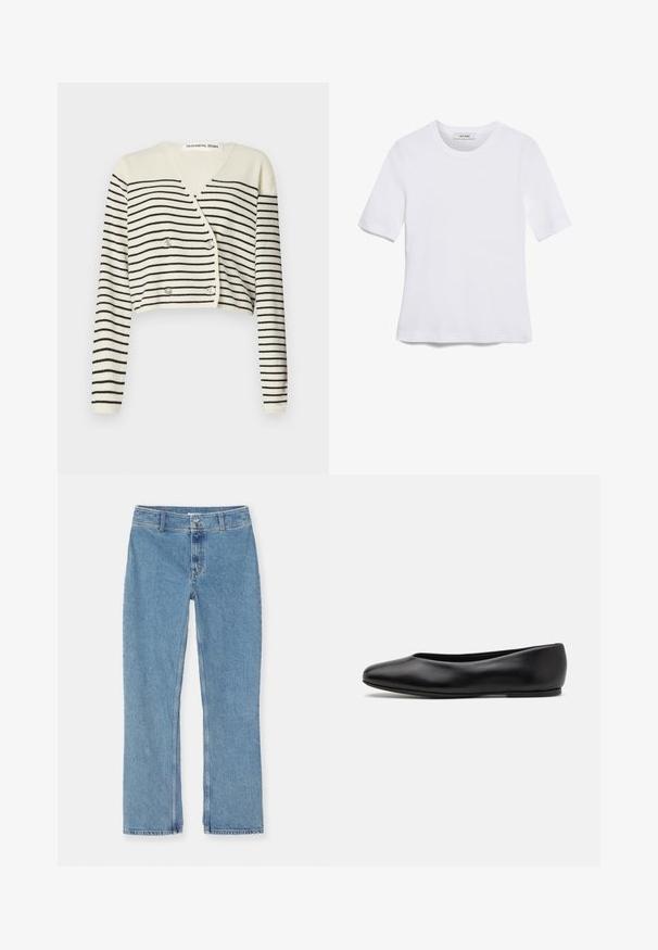 Lyhennetty neulejakku kermanvärinen, jossa on mustia vaakaraitoja. Muotoiltu V-pääkohdan, pitkien hihojen ja kaksinkertaisella nappikiinnityksellä yksityiskohtana.; Valkoinen lyhythihainen t-paita, joka on valmistettu ribbytedusta kankaasta. Pyöreä pääntiie, normaali istuvuus ja hienovaraiset ompeluyksityiskohdat. Ei kuvioita tai grafiikkaa.; Vaaleansinisiä suoria farkkuja nappi- ja vetoketj closures, vyölenkit ja tavallinen ommel valkoista taustaa vasten.; Paul Smith TOPANGA - Ballerinat - black