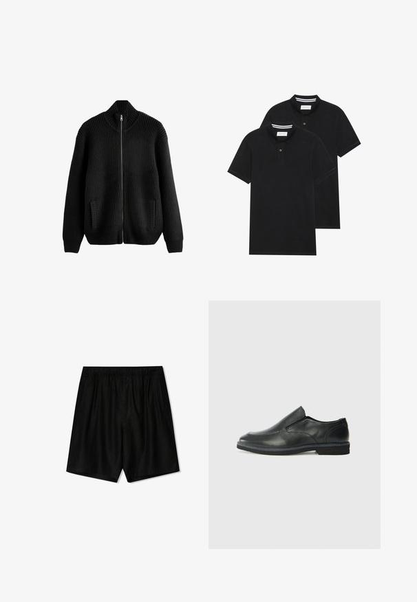 Černý pletený svetr s žebrovou texturou, vysokým límcem, plným předním zipem a bočními kapsami. Disponuje uvolněným střihem a strukturovanými ramenními částmi.; Dvě černé polokošile s krátkým rukávem z bavlny, s klasickým límcem, dvouknoflíkovou légou a bílými pruhovanými akcenty uvnitř límce.; Černé šortky s elastickým pasem, dvěma bočními kapsami a volným střihem. Vyrobeny z měkkého materiálu s hladkou texturou.; Černá kožená nazouvací bota s hladkým svrškem, prošívanými detaily, zaoblenou špičkou a nízkým gumovým podpatkem. Podešev má minimální vzorek.