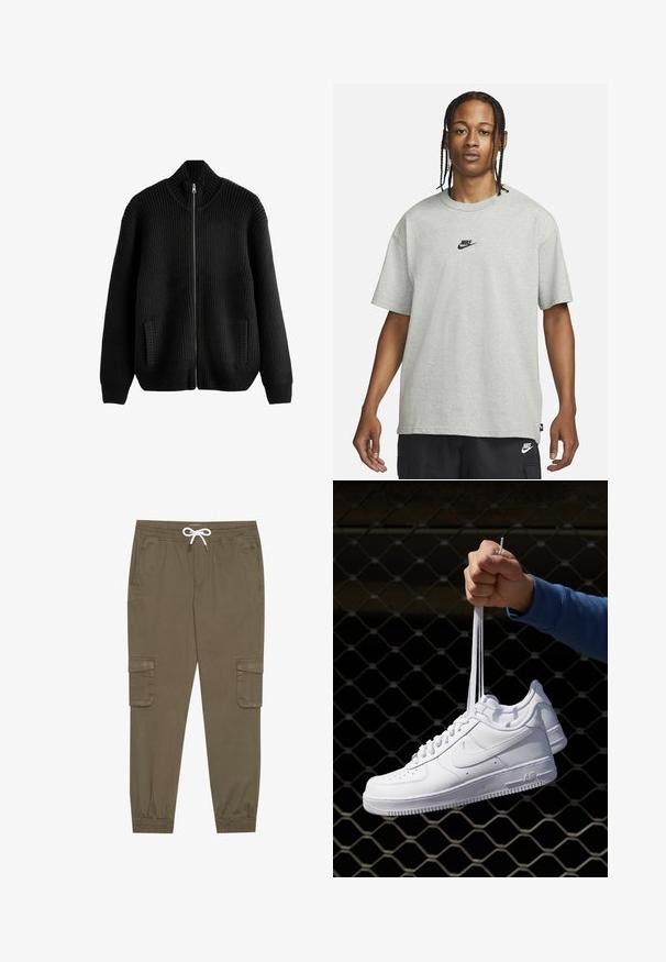 Maglione nero a maglia con texture a coste, colletto alto, zip frontale completa e tasche laterali. Presenta una vestibilità rilassata e spalle strutturate.; Giovane con capelli intrecciati che indossa una maglietta Nike grigia chiara e pantaloni Nike neri su uno sfondo bianco semplice.; Pantaloni cargo khaki con elastico in vita e cordino, dotati di tasche laterali e caviglie cuffiate. Realizzati in un materiale leggero e testurizzato.; Sneakers in pelle bianca con perforazioni, punta rotonda, suola piatta e lacci spessi, con logo swoosh visibile e "AIR" sul tallone.
