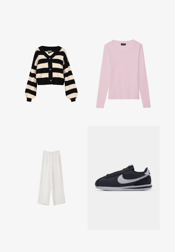 Čierny a krémový pruhovaný kardigán s výstrihom do V, tromi gombíkmi a balónovými rukávmi. Pletená textúra s kratším strihom.; Svetloružový dlhý rukáv ribbed top s okrúhlym výstrihom a priliehavým strihom. Vyrobené z mäkkej, textúrovanej tkaniny. Minimalistický dizajn, bez vzorov.; Biele široké nohavice vyrobené z ľahkej tkaniny. Obsahujú elastický pás so sťahovacou šnúrkou a bočné vrecká. Hladká textúra.; Čierne športové topánky s sivými akcentmi, hladký syntetický zvršok, textúrovaná podrážka, zaoblená špička a ploché šnúrky. Klasický dizajn s detailom loga.