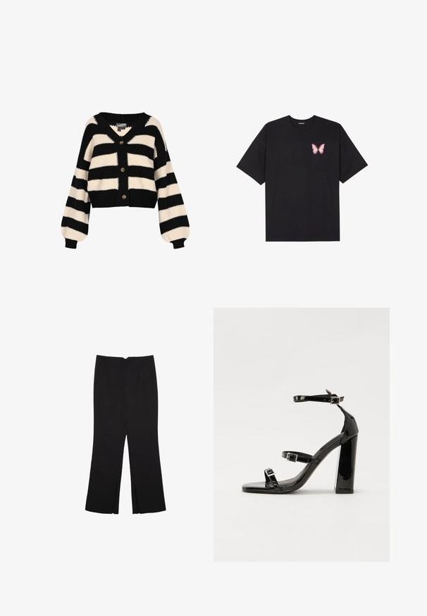 Mustavalkoinen raitaneule, jossa on V-pääntie, kolme nappia ja puhvihihat. Neulottu pinta, jossa on lyhyt malli.; Musta puuvillapaita lyhyillä hihoilla, jossa on pieni vaaleanpunainen perhosgrafiikka vasemmassa rinnassa. Pyöreä kaula-aukko ja rento istuvuus.; Mustat housut suoralinjaisella leikkauksella, joissa on etutaskut ja sivurei'ät helman alla. Valmistettu pehmeästä ja sileästä kankaasta. Sopii eri tilaisuuksiin.; Musta kiiltävä korkokenkä sandaalit neliönmuotoisella varpaalla, nilkkaremmillä ja hopeisilla soljilla. Varustettu tukevalla lohkokorkealla vakauden takaamiseksi.